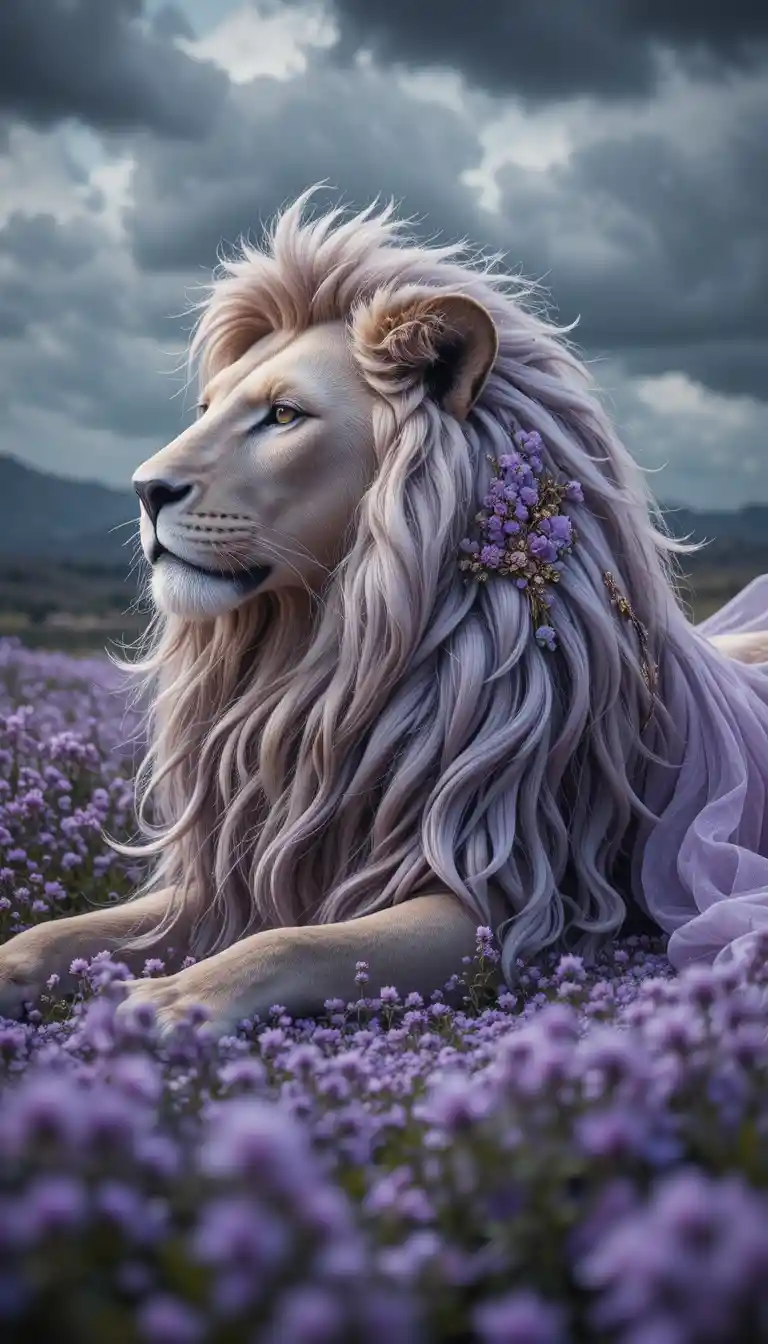 Majestätischer Löwe ruht in violettem Wildblumenfeld