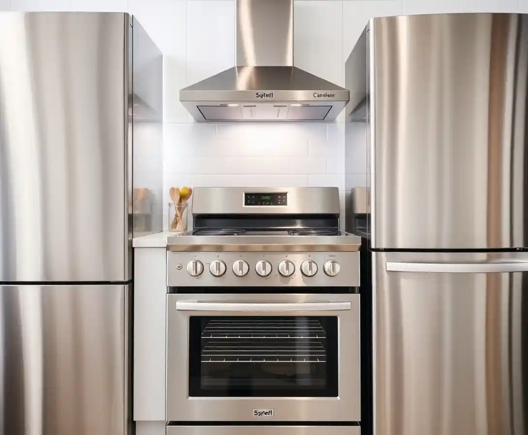 Modern stainless steel kitchen appliances in bright interior