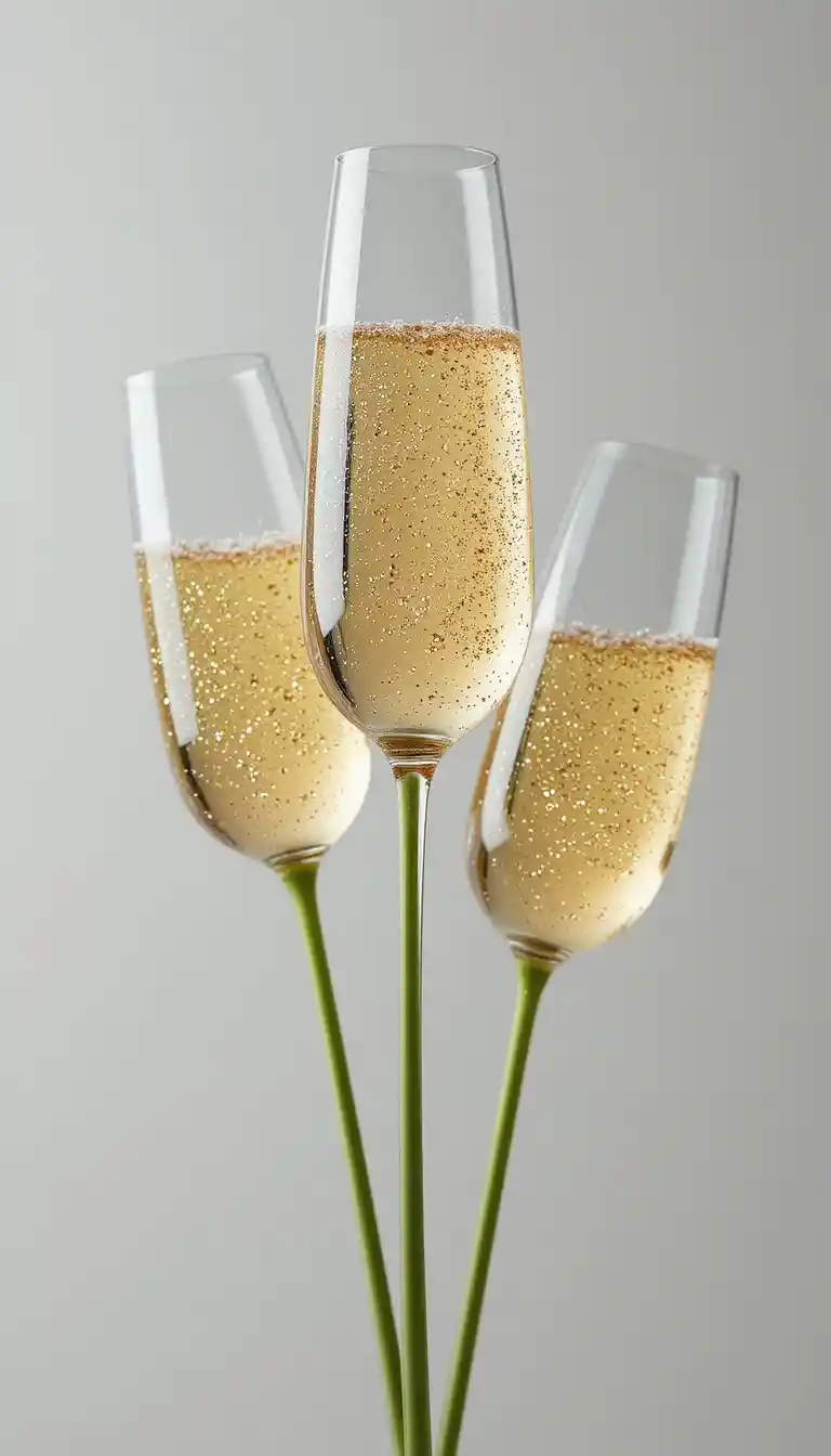 Trois coupes de champagne inclinées sur un fond blanc éclatant