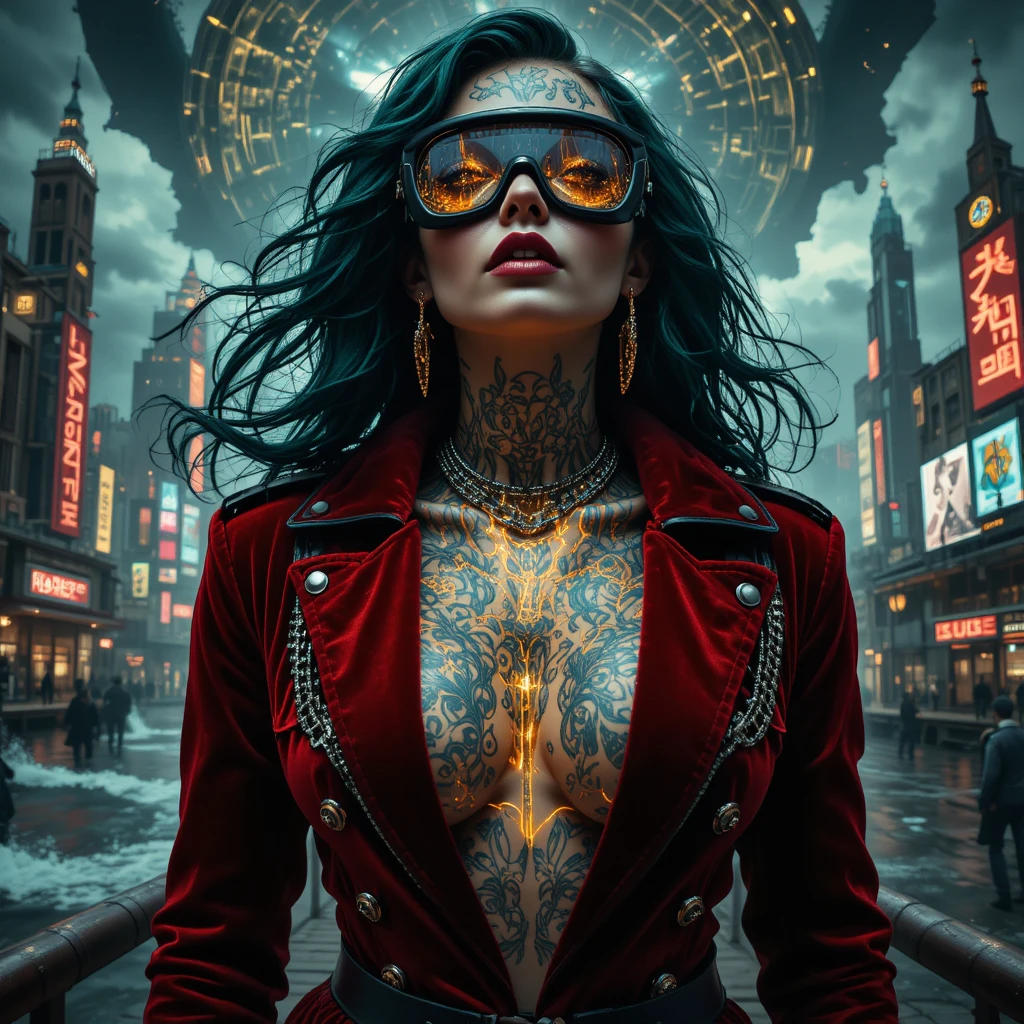 Retrato cyberpunk surreal de uma mulher poderosa de cabelos escuros