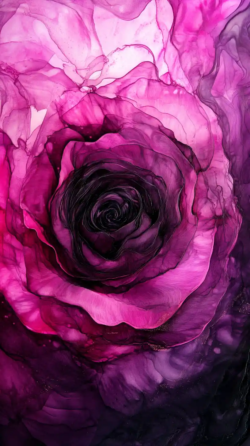 Abstract rose illusion in dramatic black ink and color