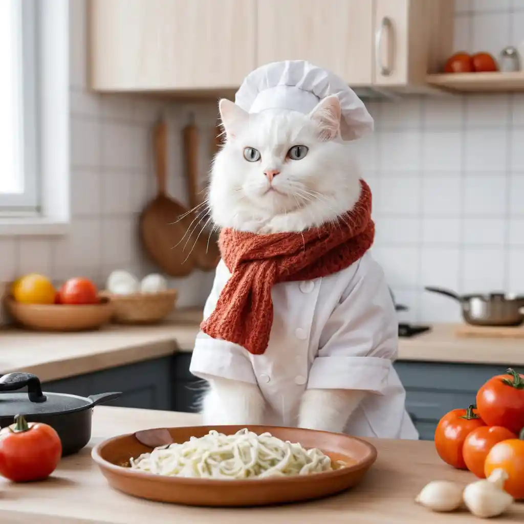 Gato Chef Branco Fofinho em uma Aconchegante Cozinha de Inverno