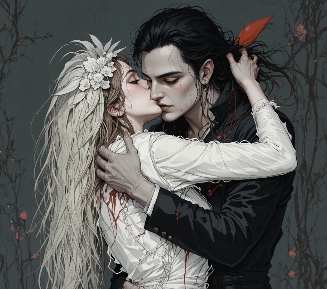 Gothic vampire embracing a fragile woman in night romance