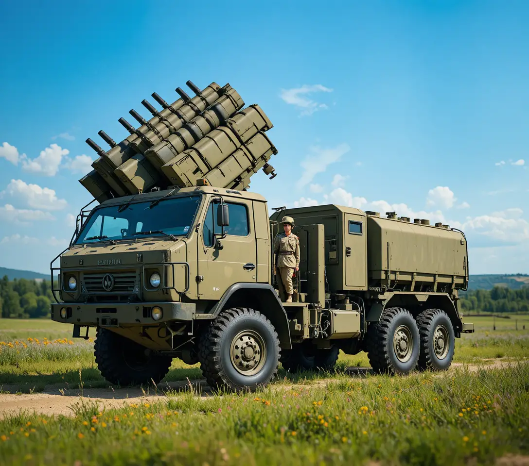 Military rocket launcher truck in a green landscape