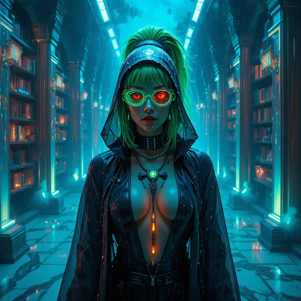 Cyberpunk-Orakelporträt in einer versunkenen Neonbibliothek