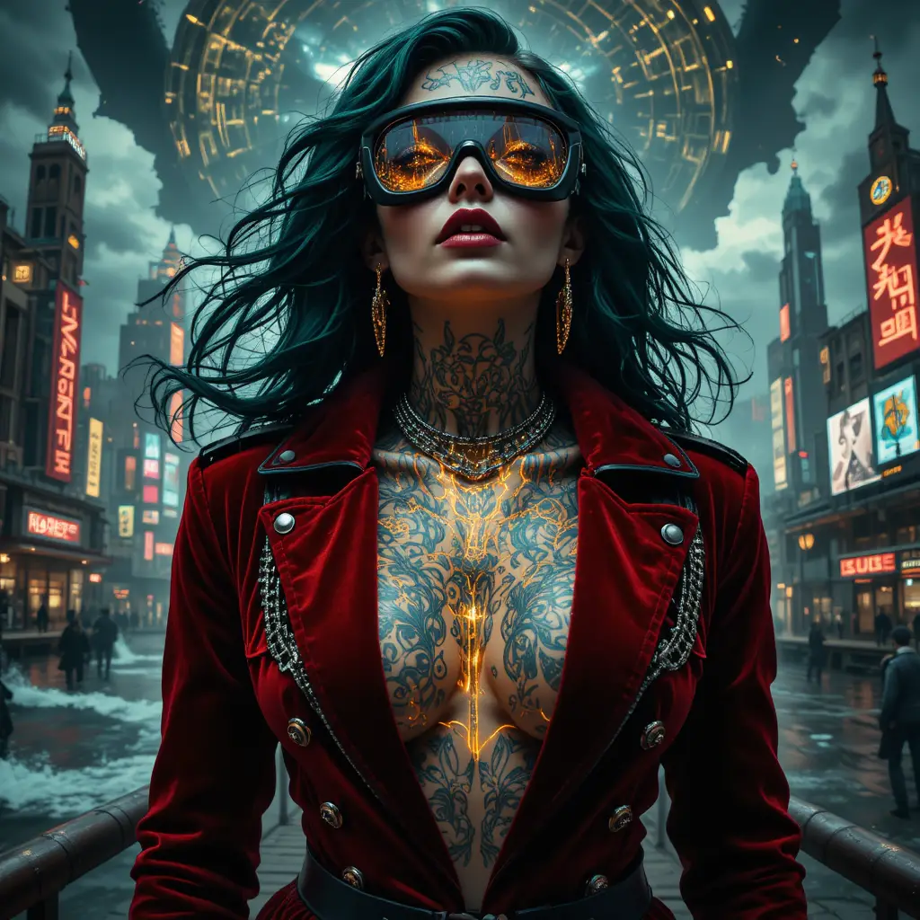 Retrato cyberpunk surreal de uma mulher poderosa de cabelos escuros
