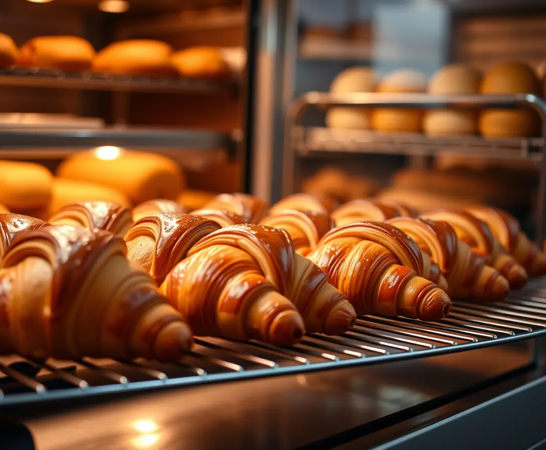 Croissant appena sfornati allineati su una griglia di raffreddamento