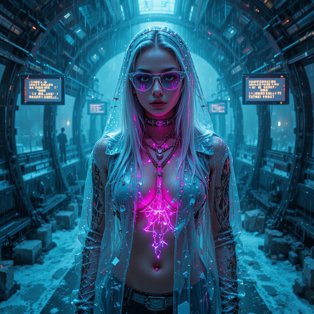 Portrait de femme cyber dans une station orbitale sous la pluie