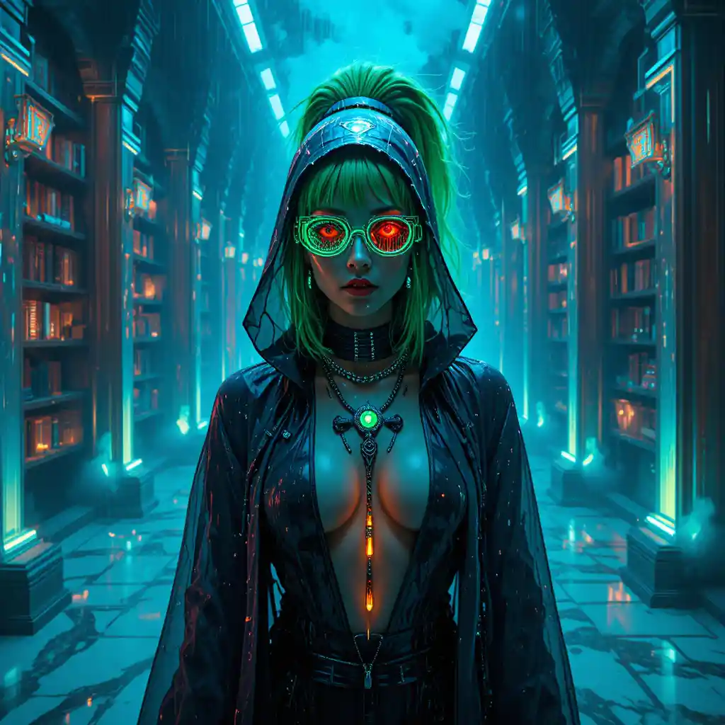 Cyberpunk-Orakelporträt in einer versunkenen Neonbibliothek