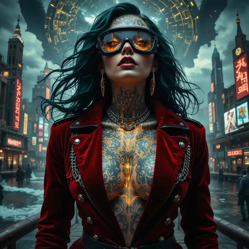 Retrato cyberpunk surreal de uma mulher poderosa de cabelos escuros