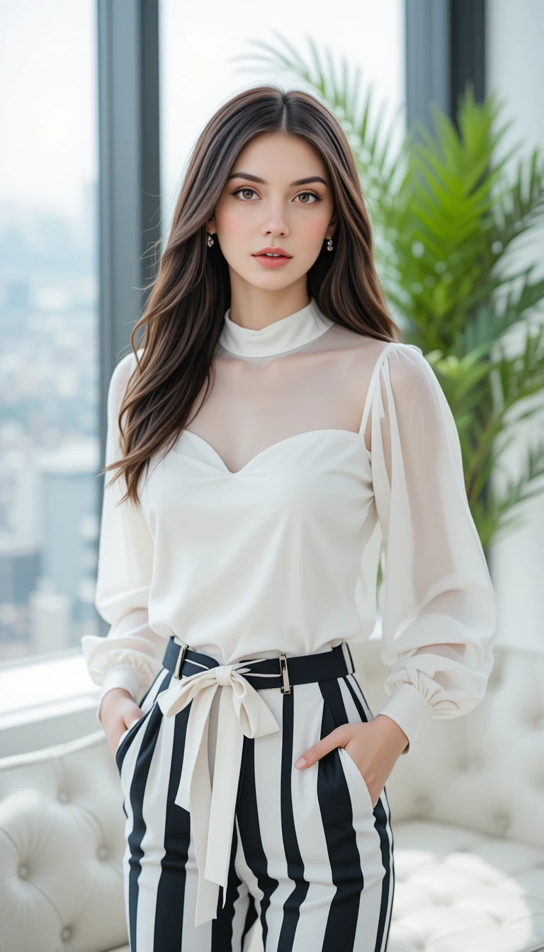 Young woman in striped trousers by bright office window