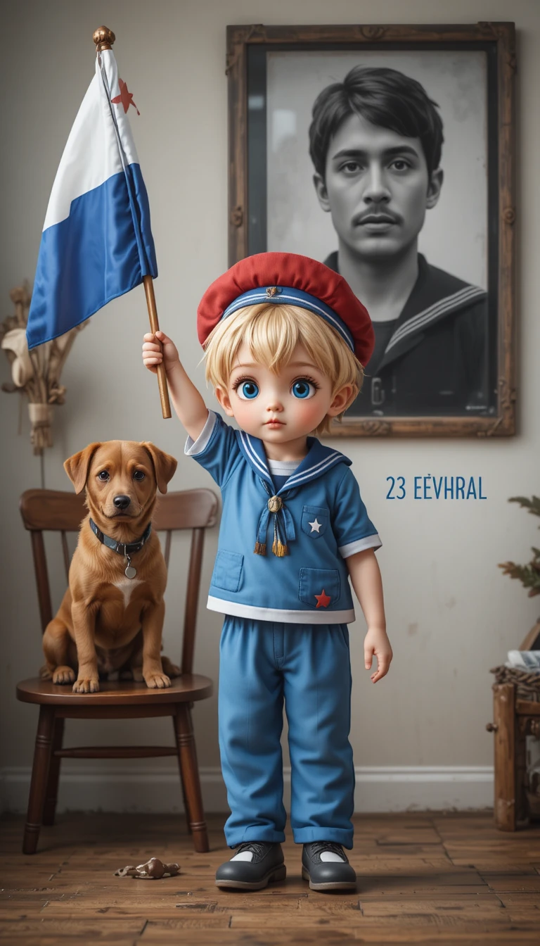 Menino loiro de uniforme de marinheiro erguendo uma bandeira em ambiente interno