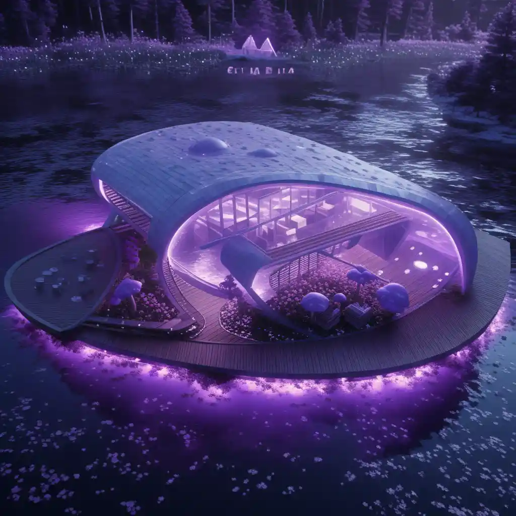Futuristischer Glaspavillon auf schwebendem violettem Refugium