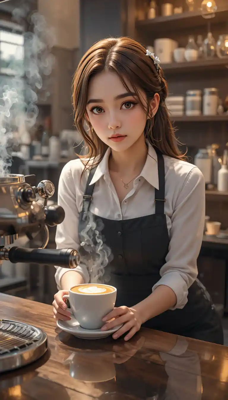 Alluring barista creating cute latte art in cozy cafe