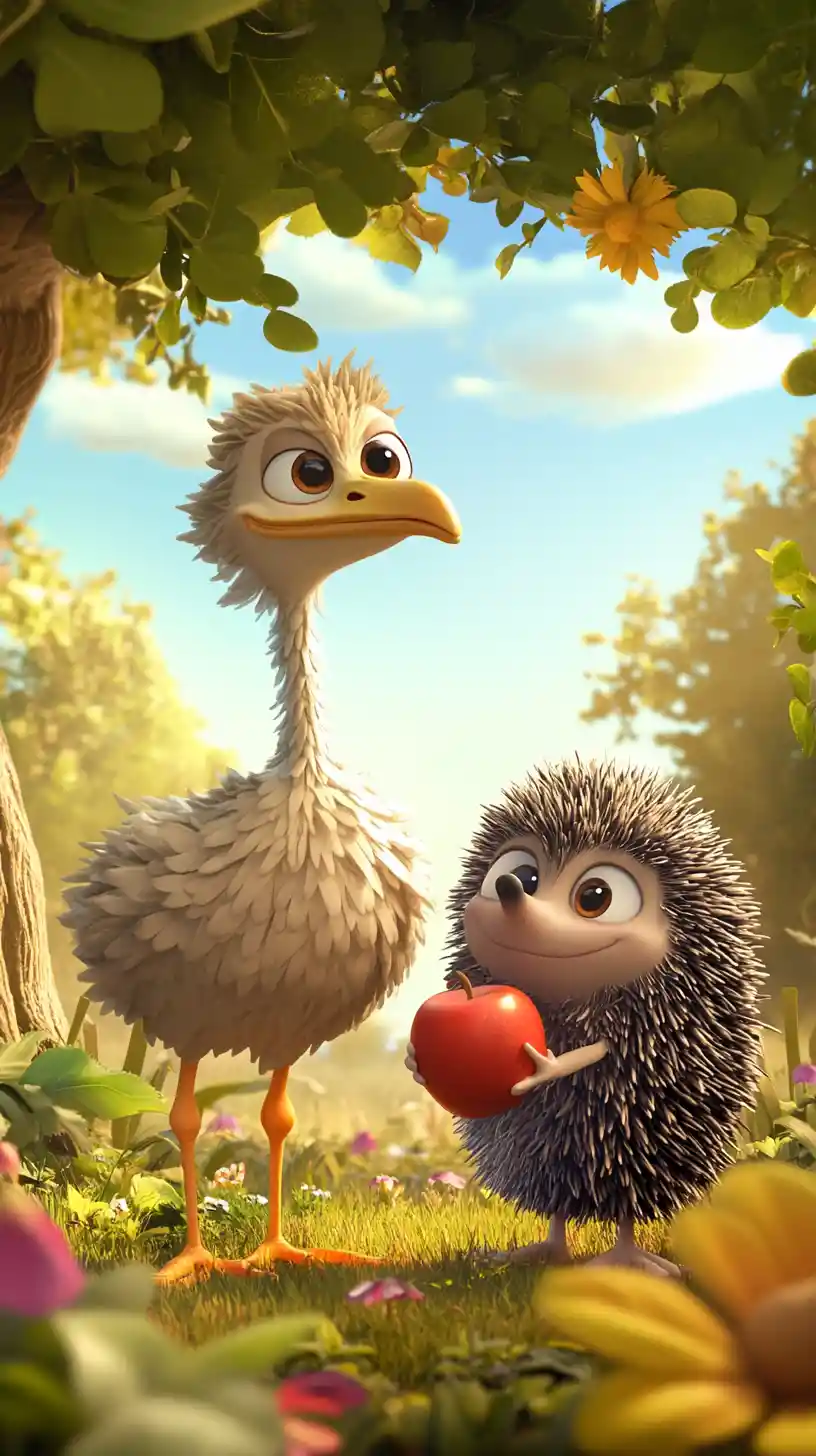 Cartoon ostrich and hedgehog sharing an apple in forest