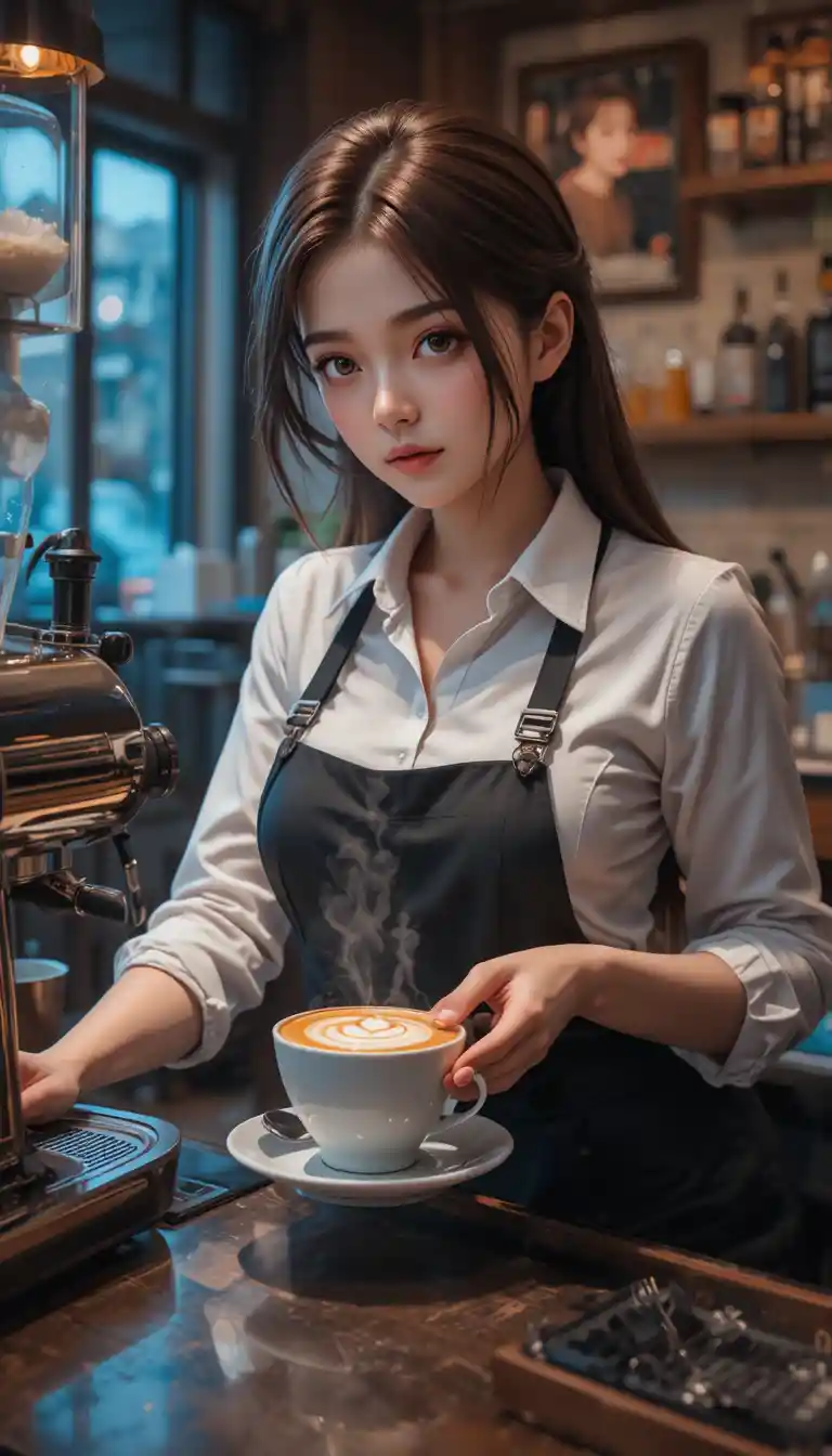 Barista anime woman crafting latte art in cozy cafe