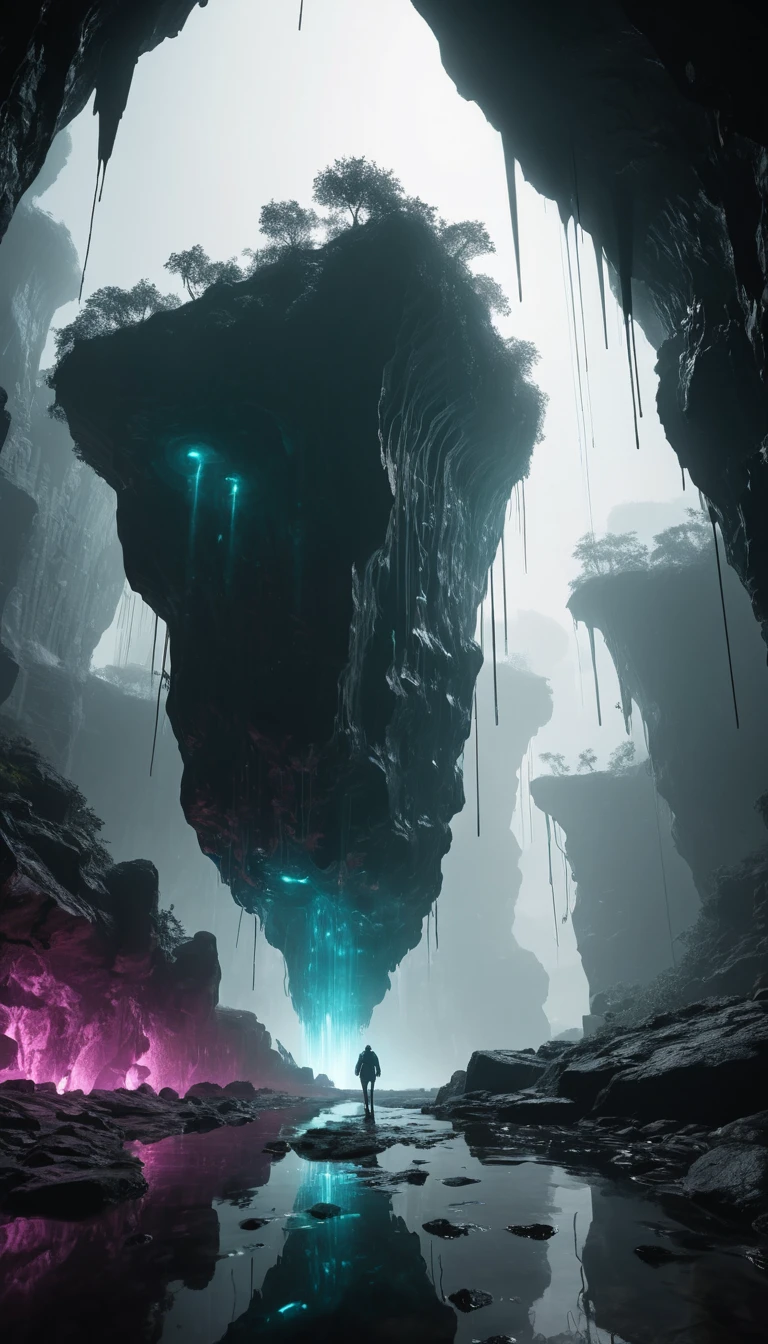 Caverna Bioluminescente com Centro de Cidade Futurista Flutuante