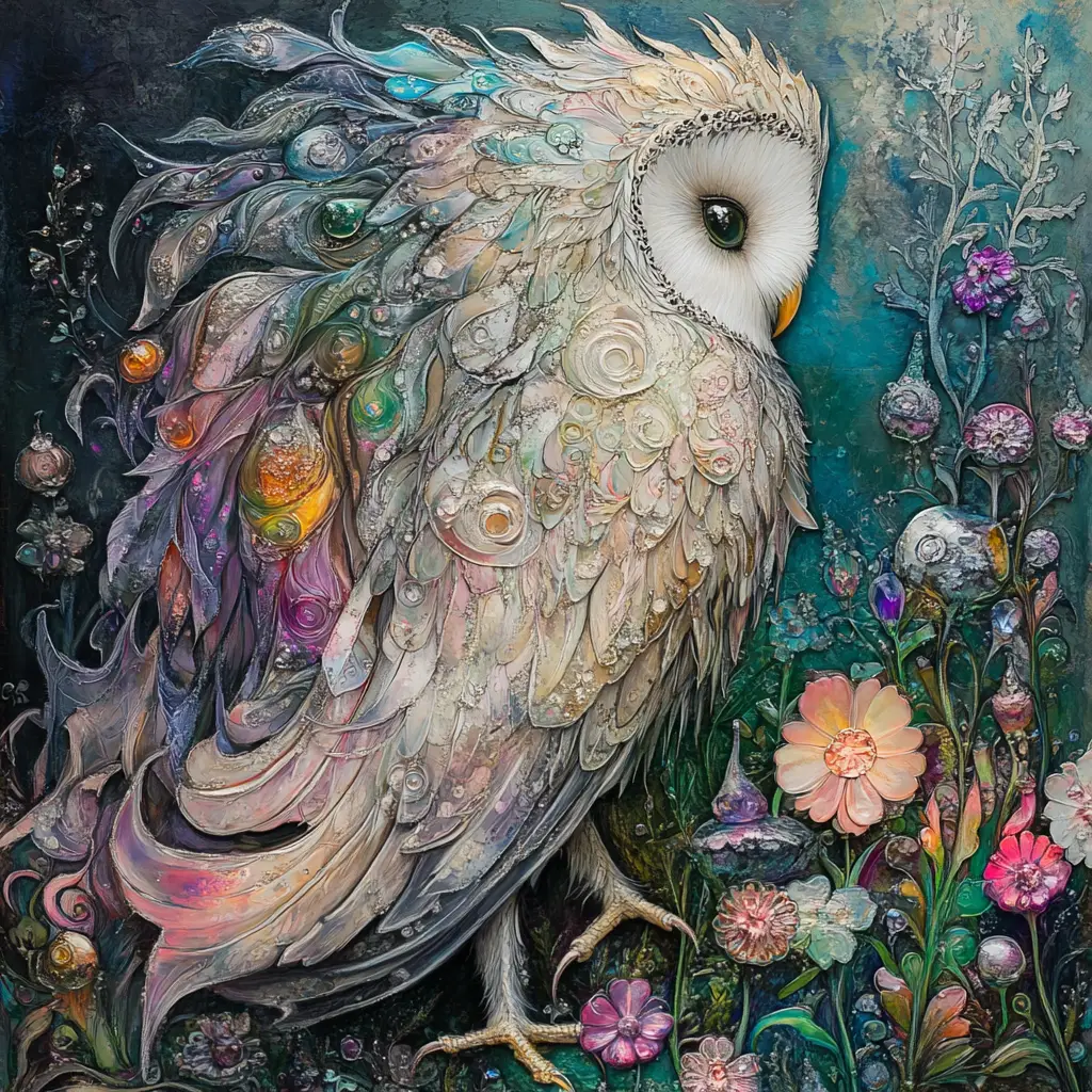 Hibou squelettique à crinière de verre irisée dans un champ de fleurs en verre