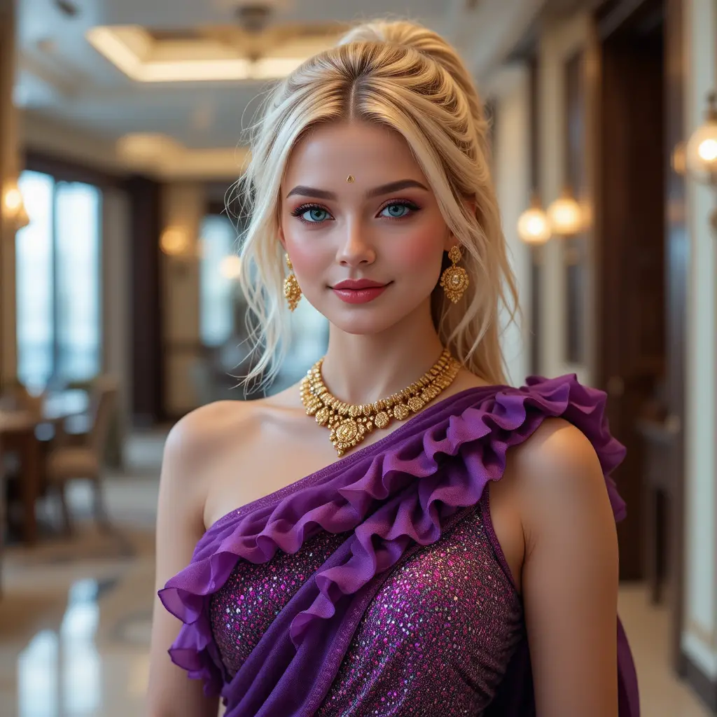 Joyful blonde woman in glittering purple saree at hotel
