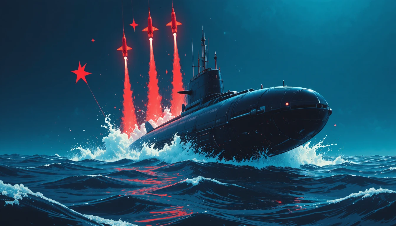 Futuristic submarine rising through dark ocean waves