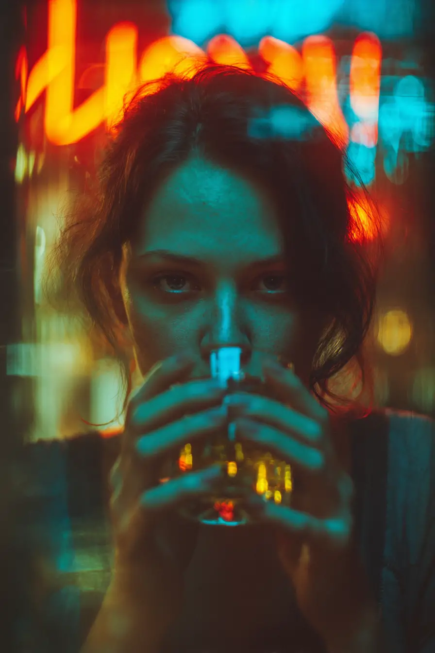 Heartbroken woman clutching vodka glass in dim bar