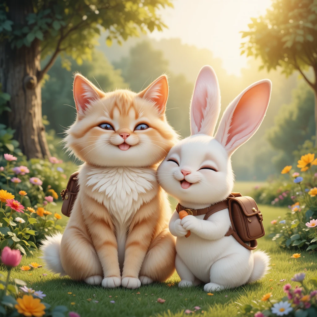 Cute cat and rabbit sitting together in a sunny garden