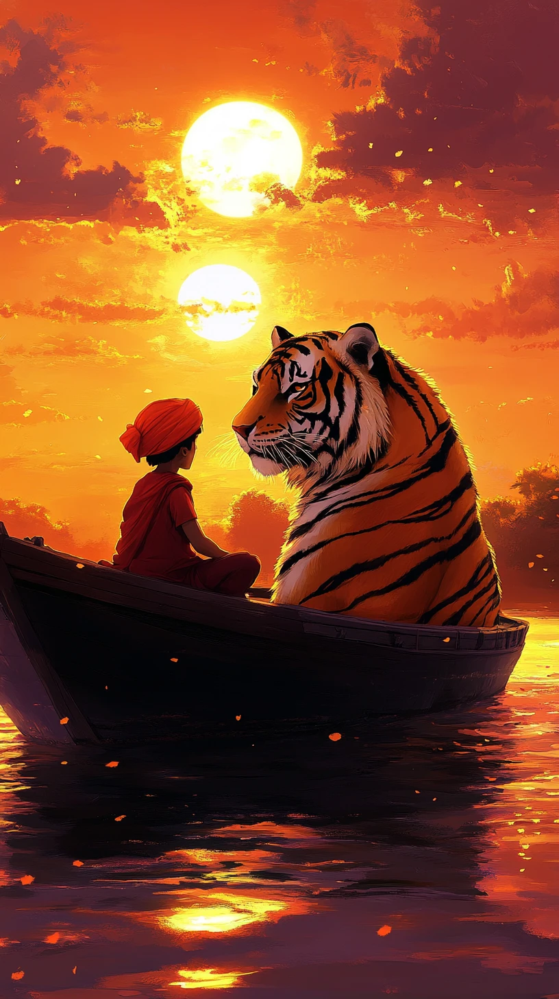 Junge mit Tiger auf Holzboot bei indischem Sonnenuntergang
