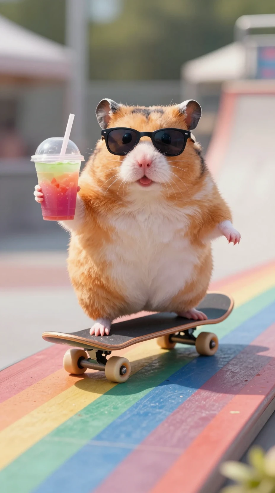 Hamster Joufflu en Skate Descendant une Rampe Arc-en-Ciel avec un Smoothie