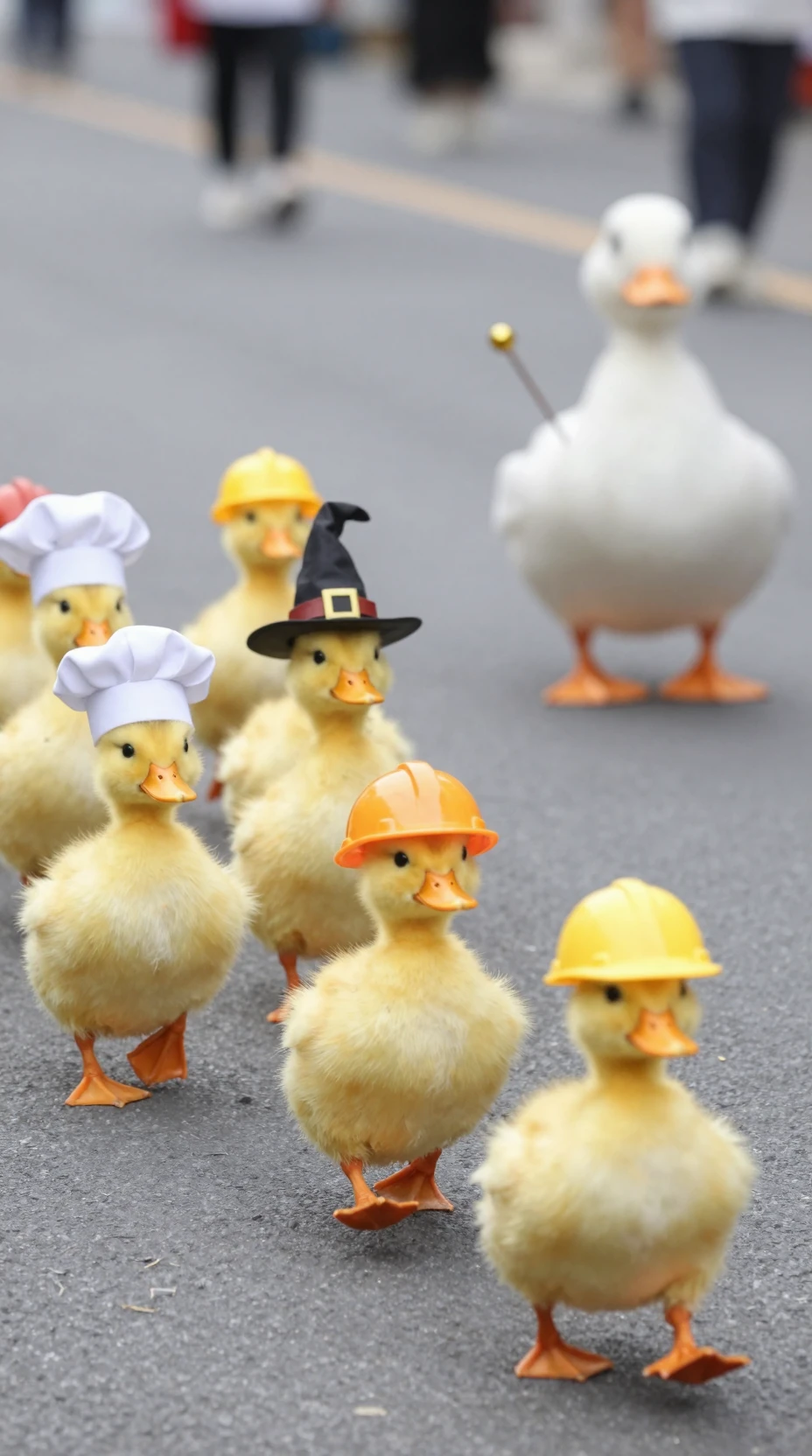 Desfile de patinhos marchando em passo com chapéus divertidos