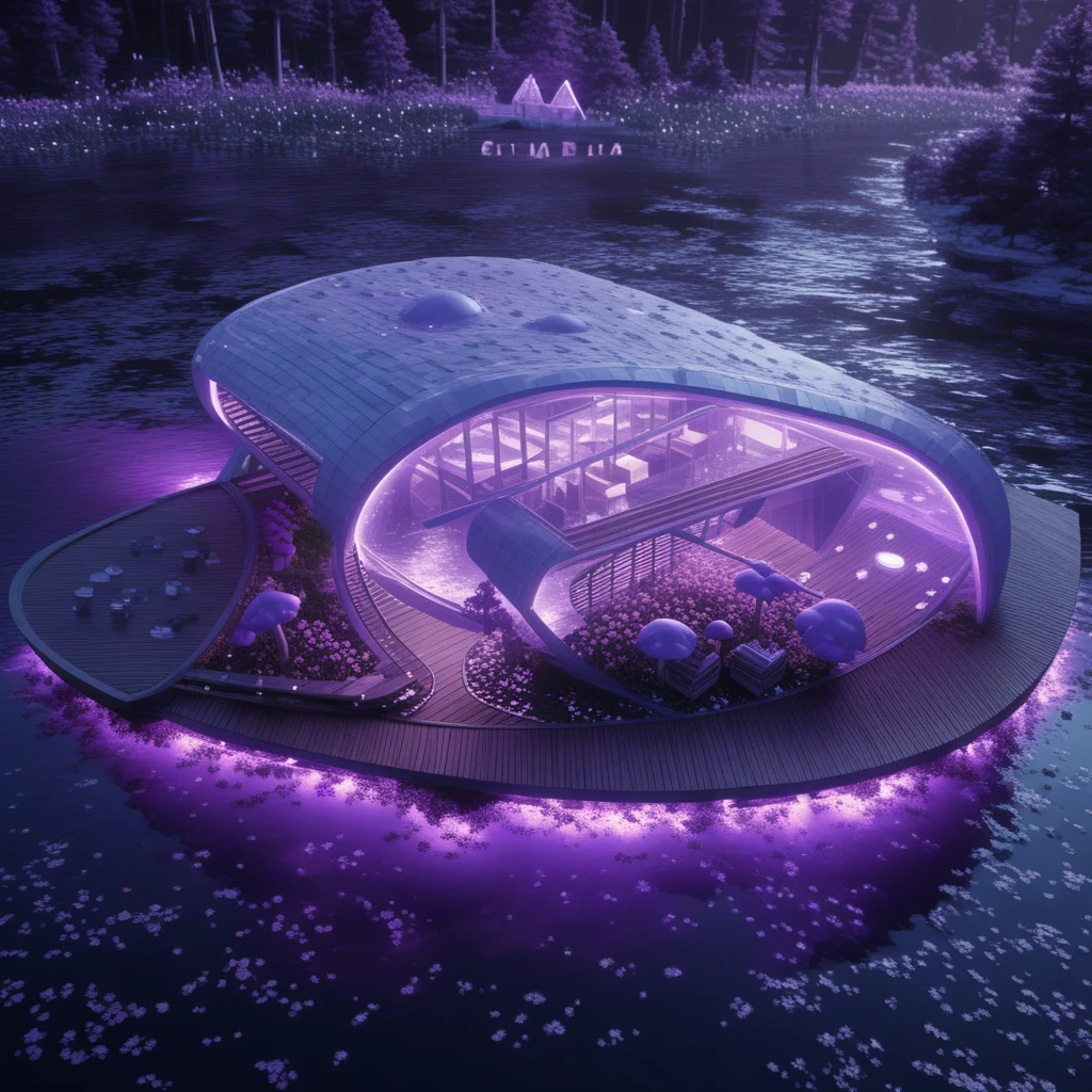 Pavilhão de Vidro Futurista em Santuário Violeta Flutuante