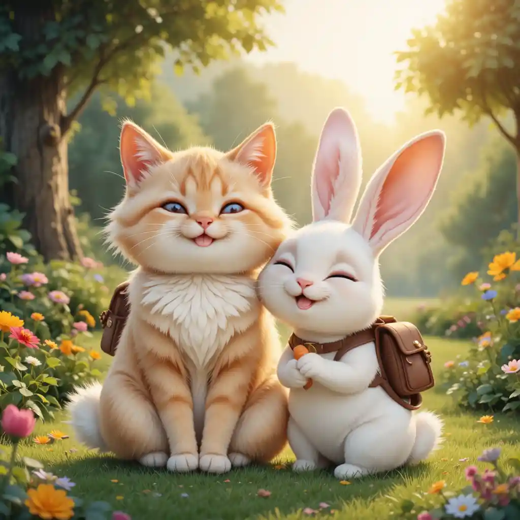 Gatinho fofo e coelho sentados juntos em um jardim ensolarado