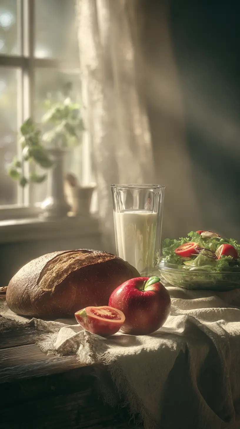 Natura morta rustica in cucina con cibo fresco e latte