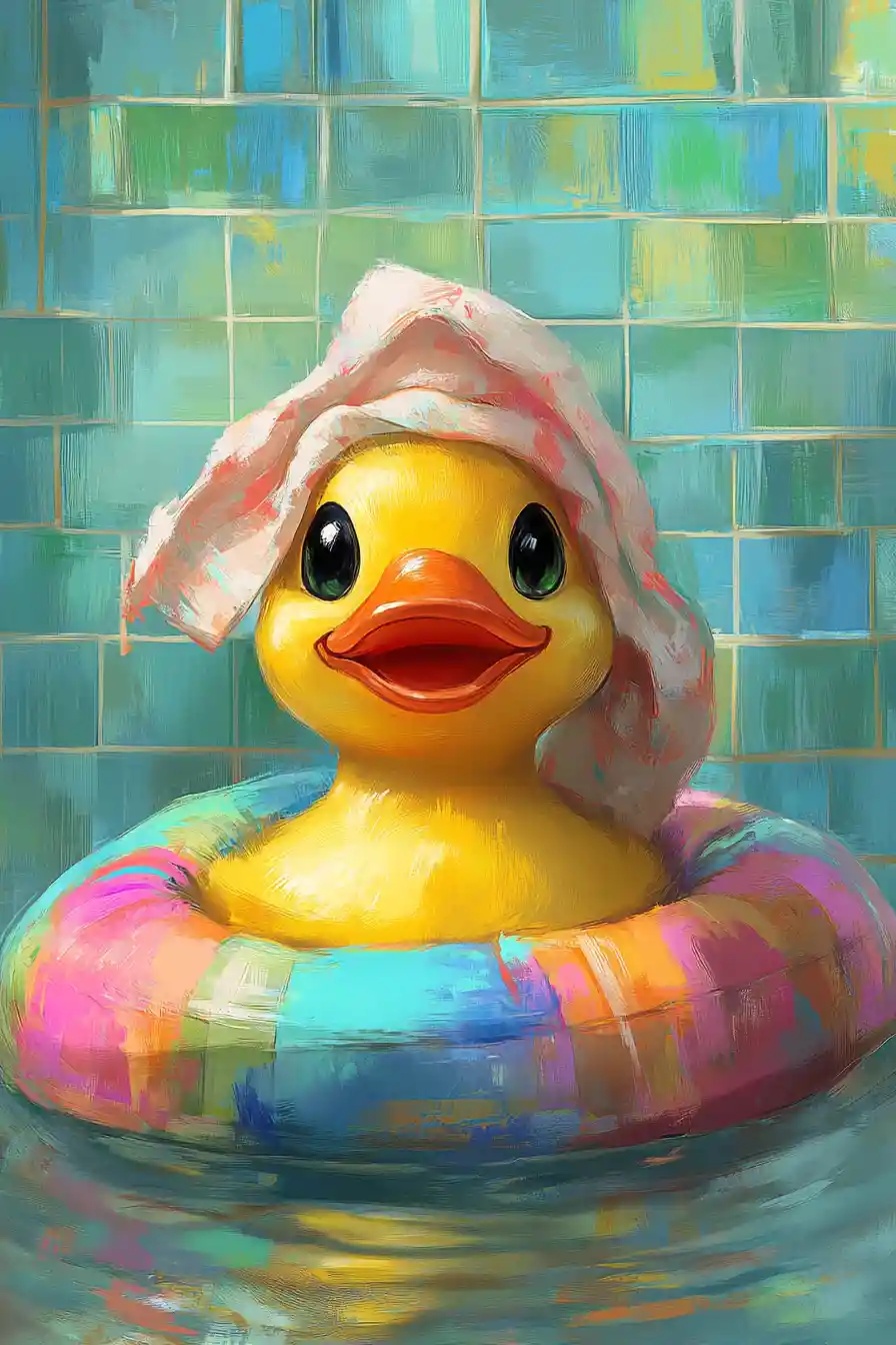 Playful rubber duck in a colorful pool float illustration