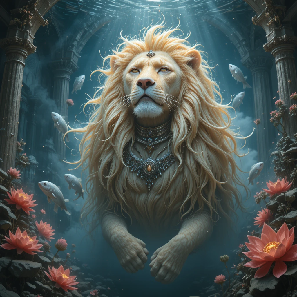 Majestic golden lion sinking quietly in a dark underwater night