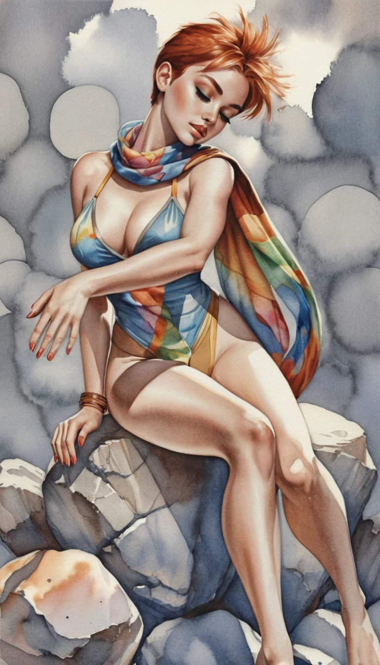 Fantasy pin up girl on rocks with rainbow scarf