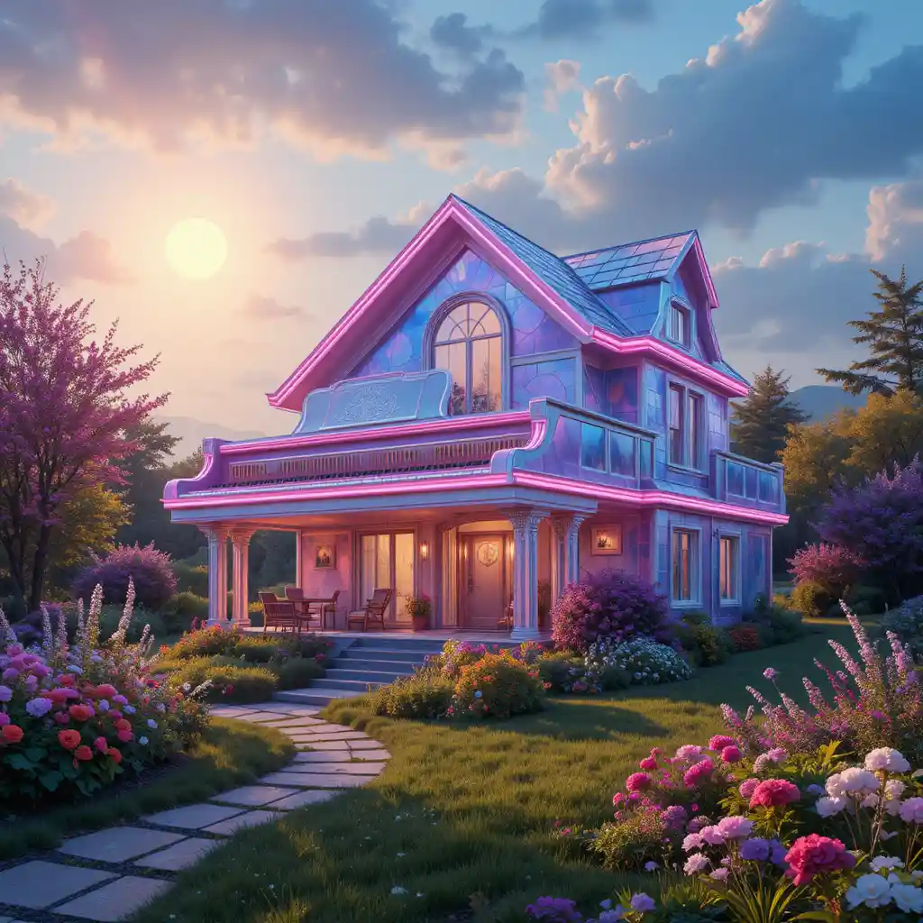 Iridescent piano shaped house with neon border lights