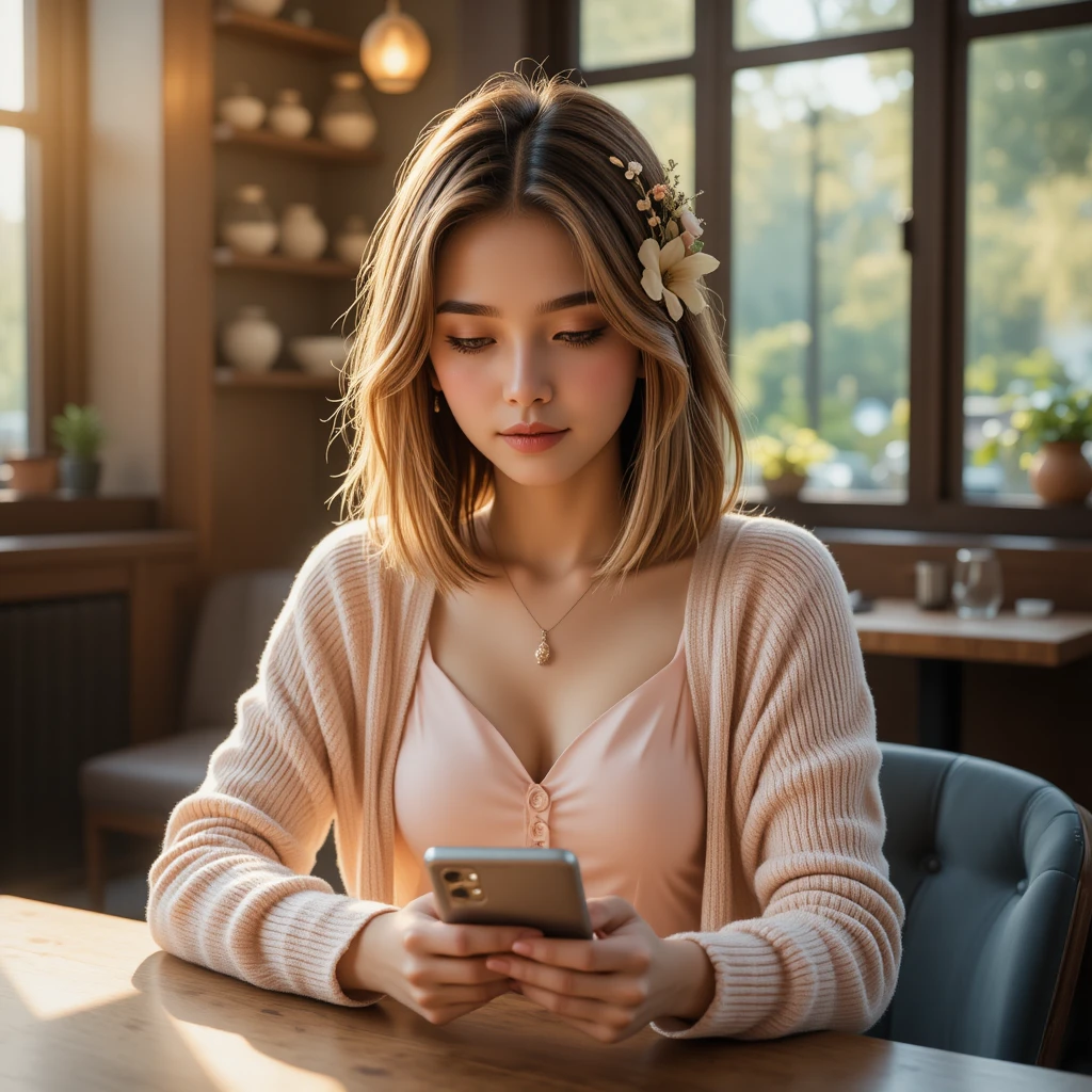 Young woman on smartphone in warm vintage cafe light