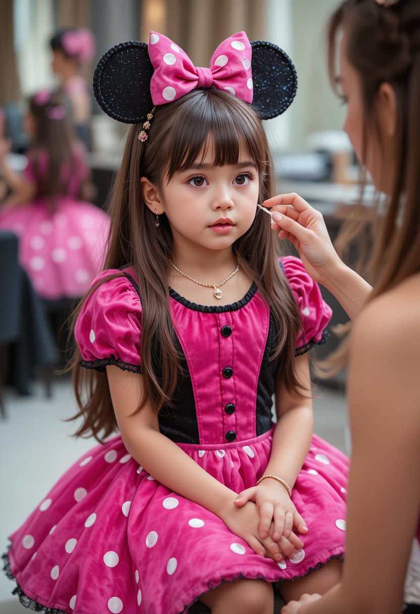 Young boy in pink dress getting makeup from woman
