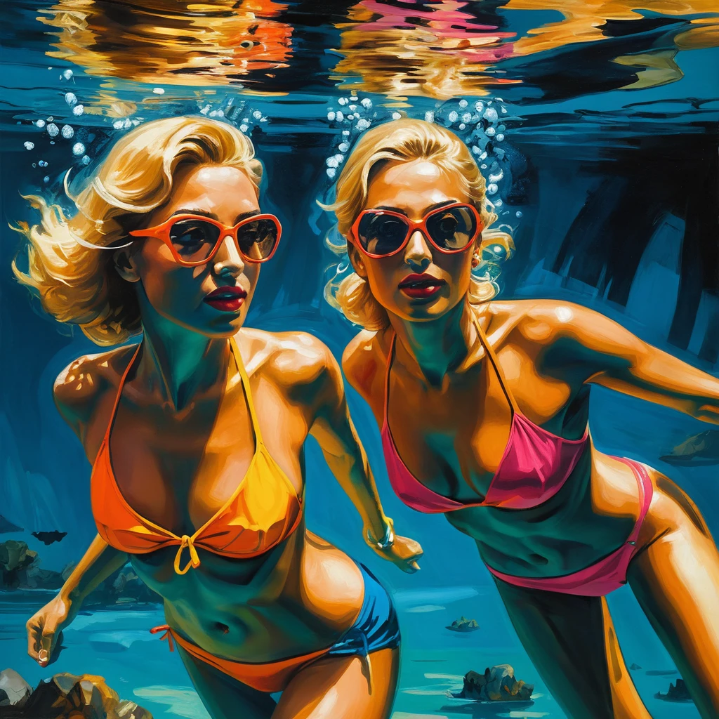 Dos mujeres nadando bajo el agua en una pintura digital de fantasía