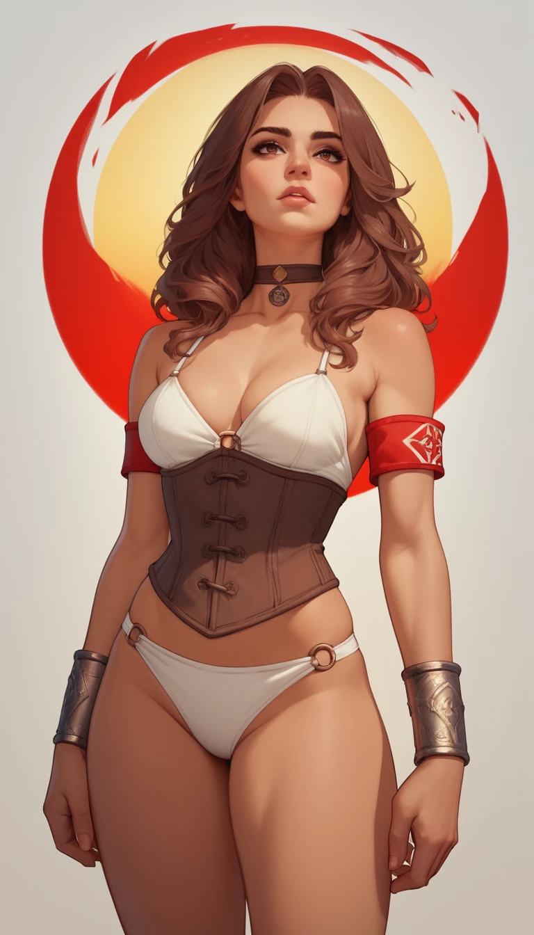 Proud reptilian warrior woman in white and red bikini