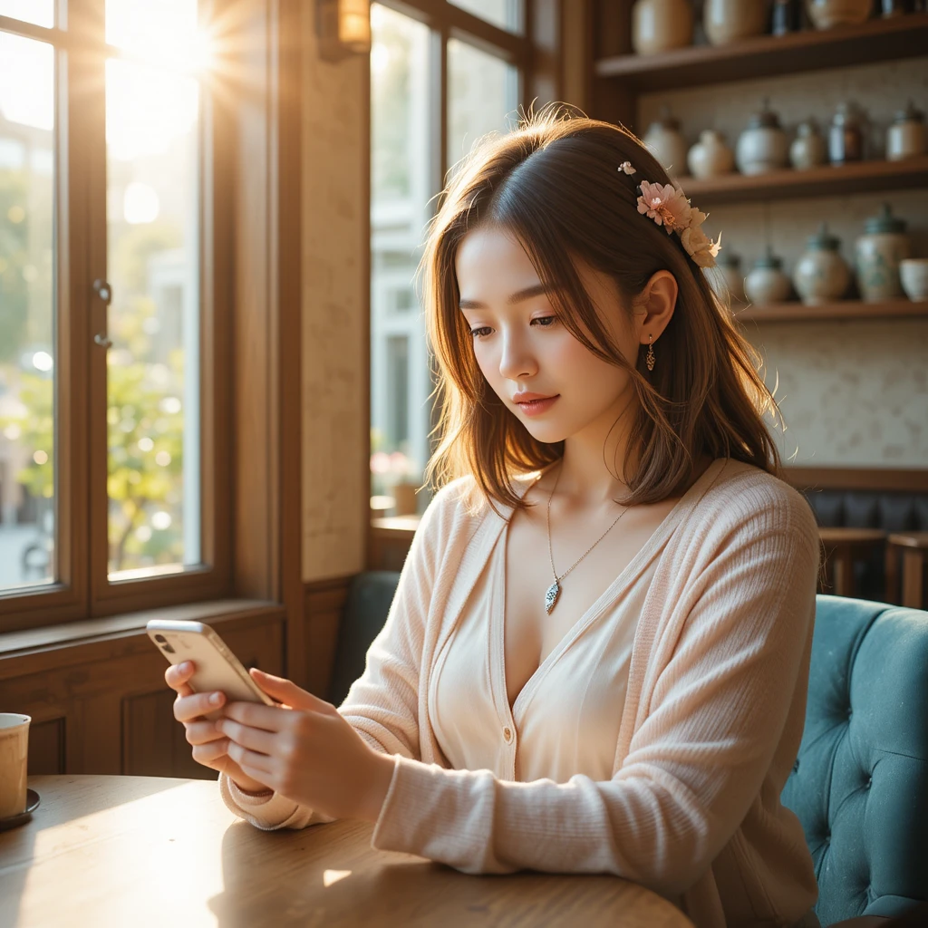 Jovem usando smartphone em café vintage aconchegante