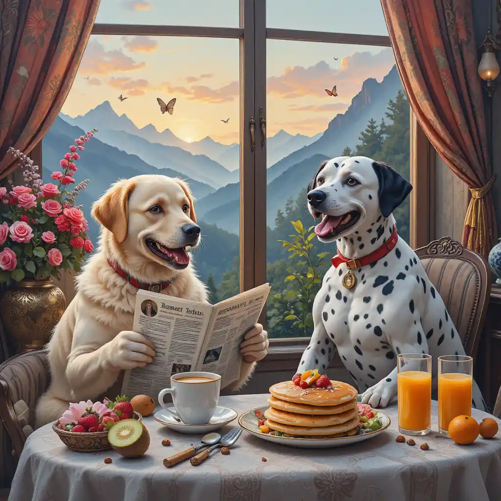 Two fluffy dogs enjoying breakfast by a sunrise window