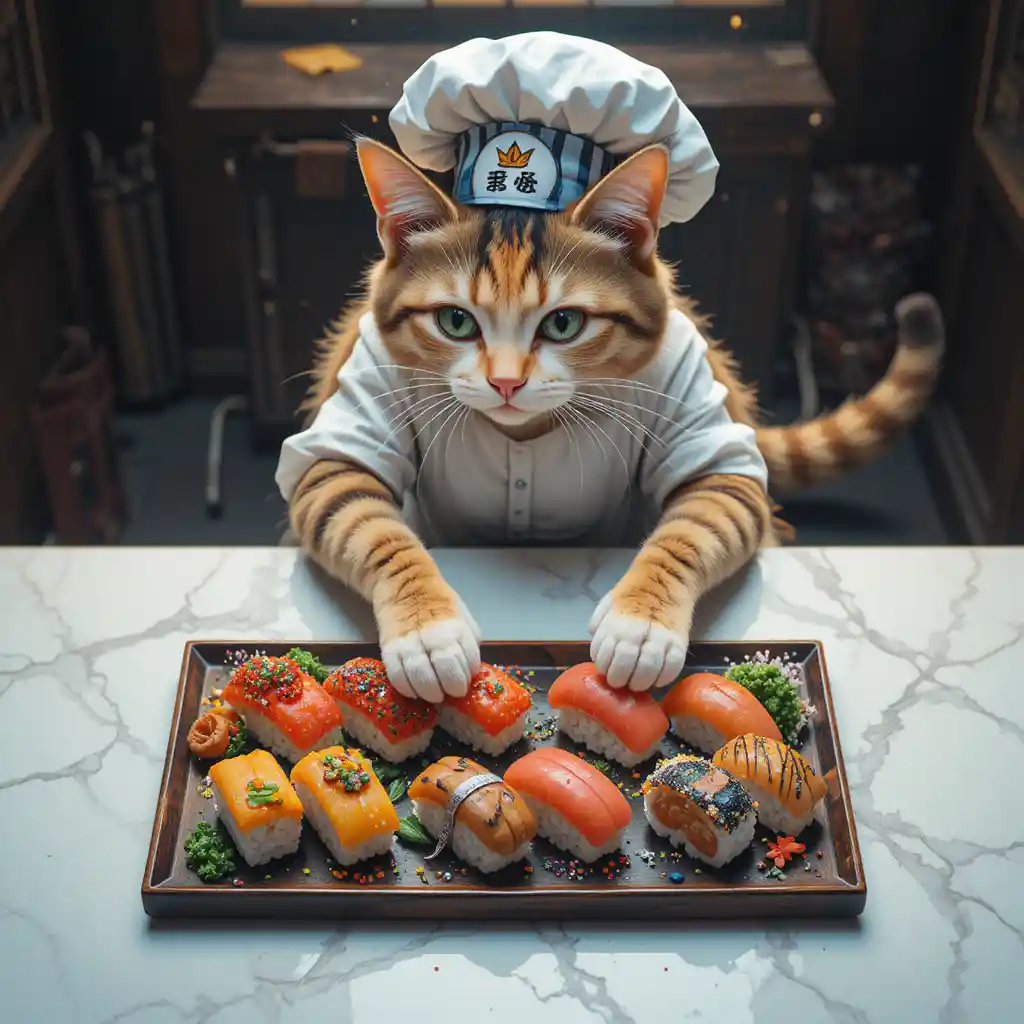 Gato chef de anime fantasioso organizando sushis coloridos visto de cima