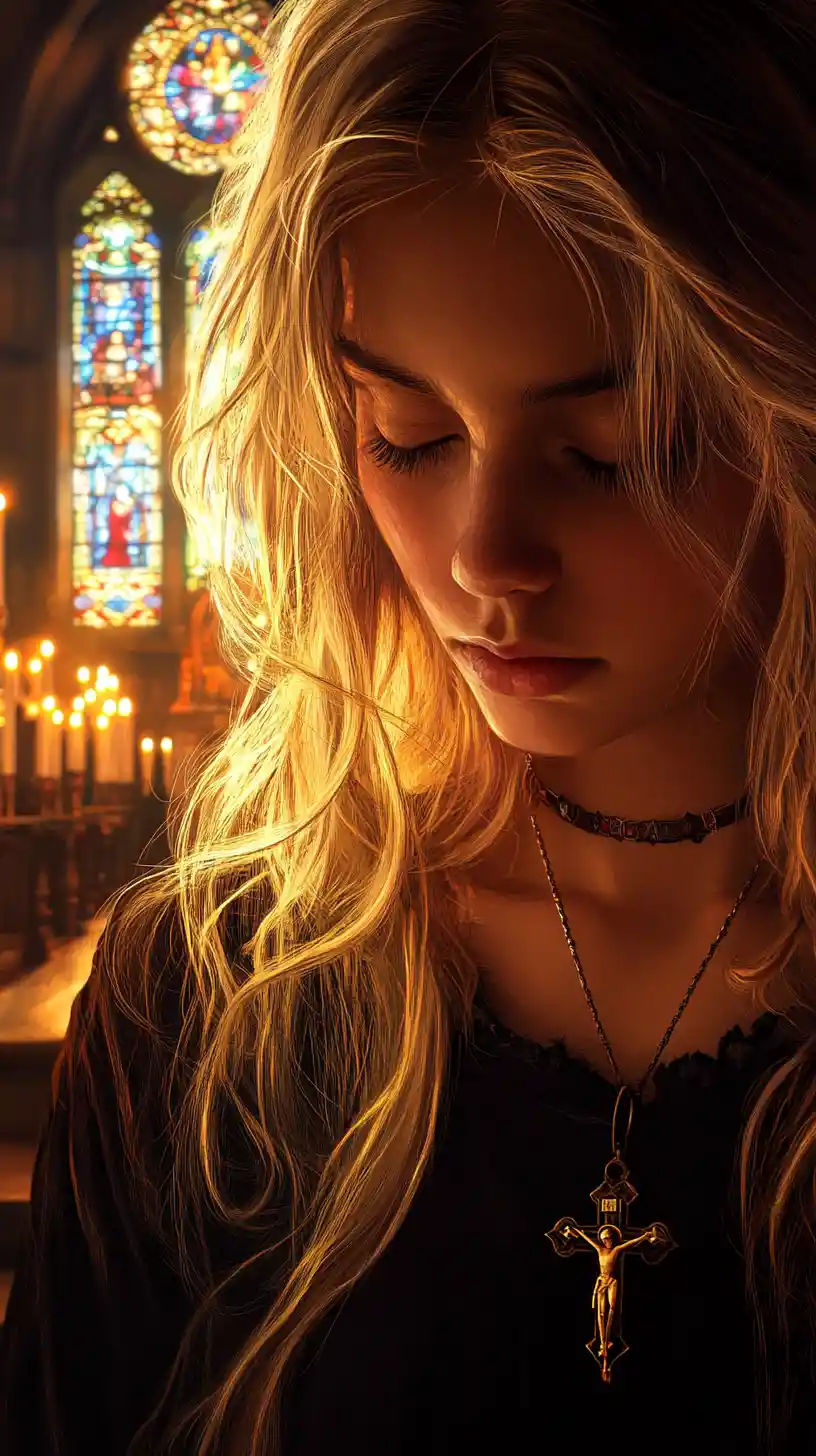 Young nun praying by candlelight in a quiet church