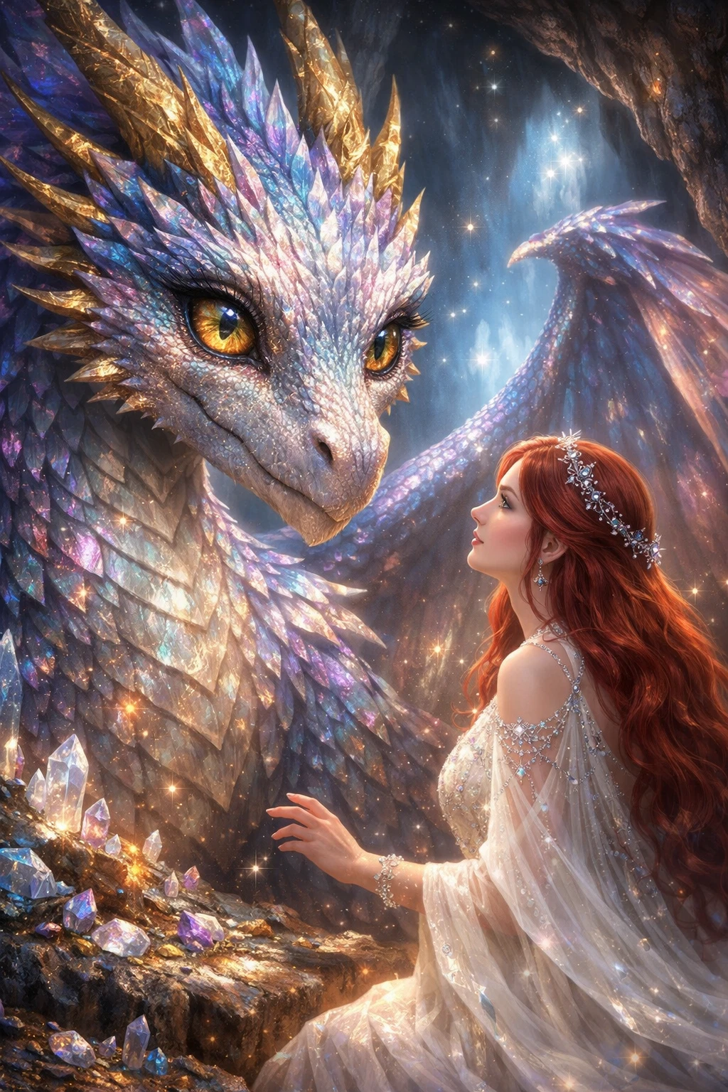 Dragon sharing a tender gaze with woman in cave