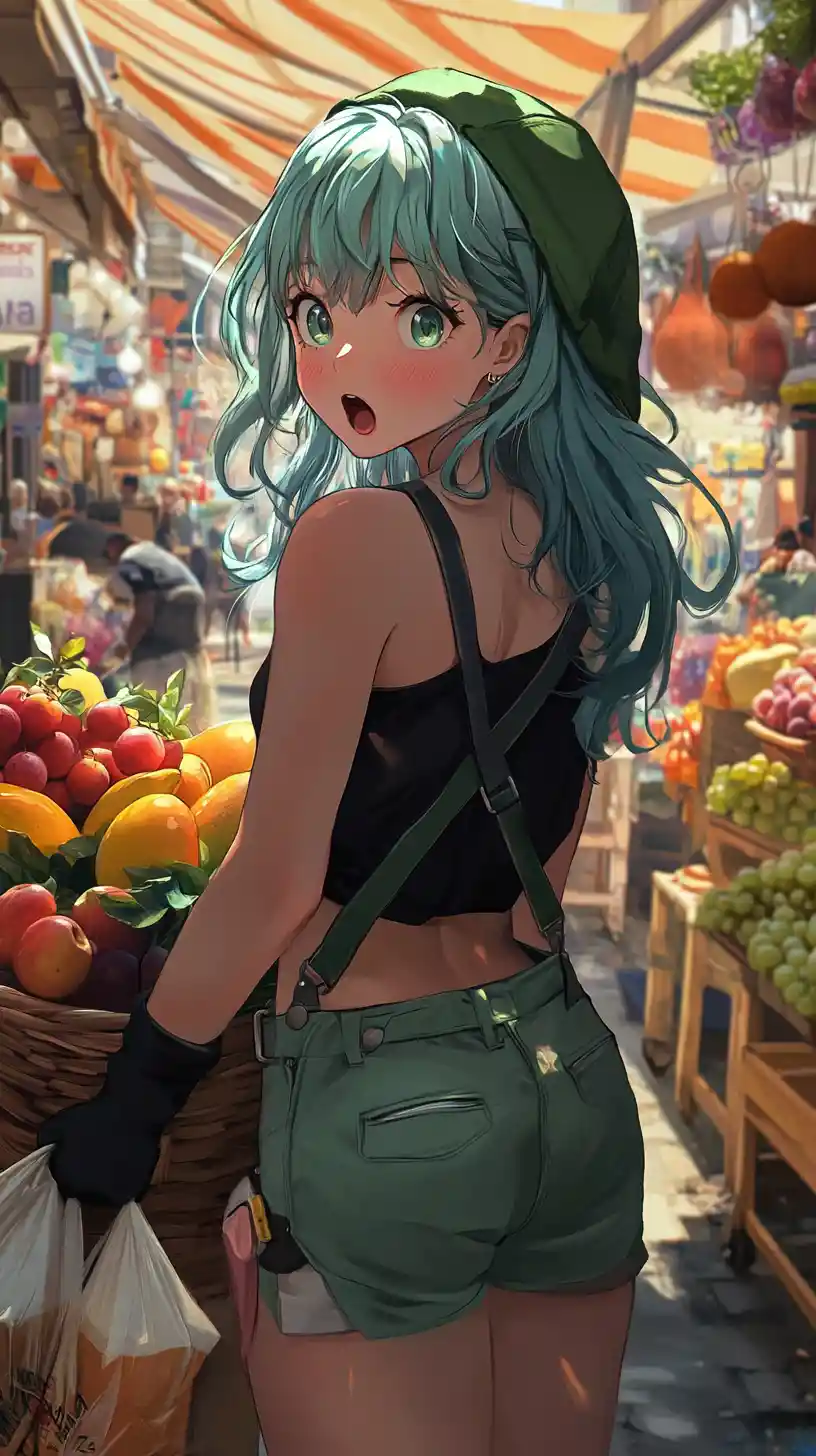 Fille d’anime chibi à un étal de fruits animé
