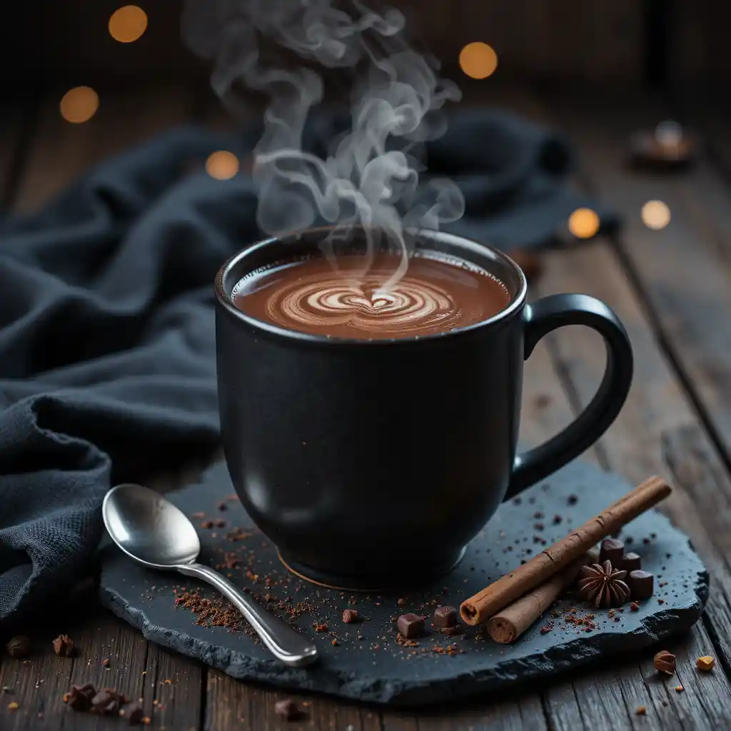 Aconchegante chocolate quente de chai em caneca preta sobre mesa escura