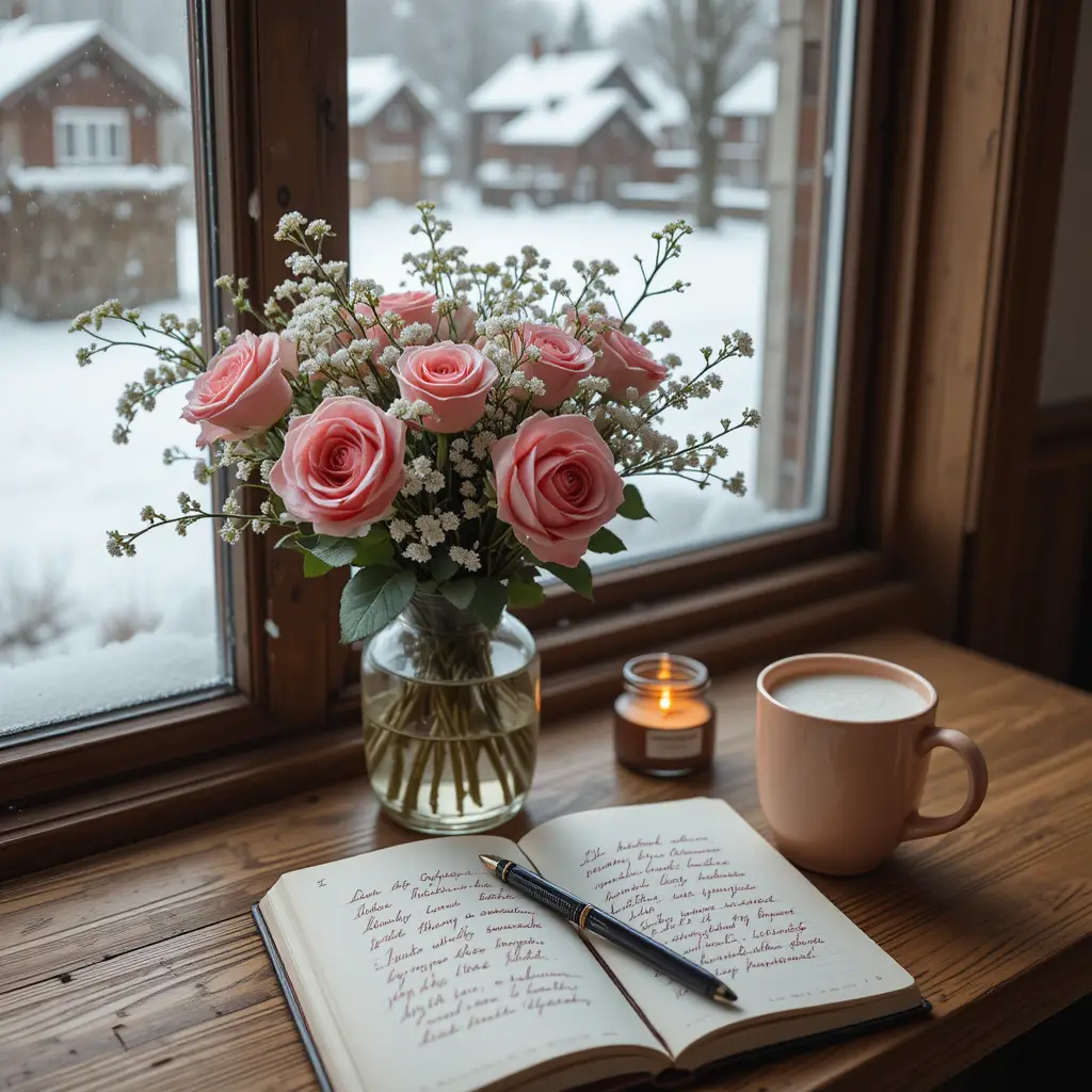 Nature morte d’hiver chaleureuse avec fleurs, bougie et boisson chaude
