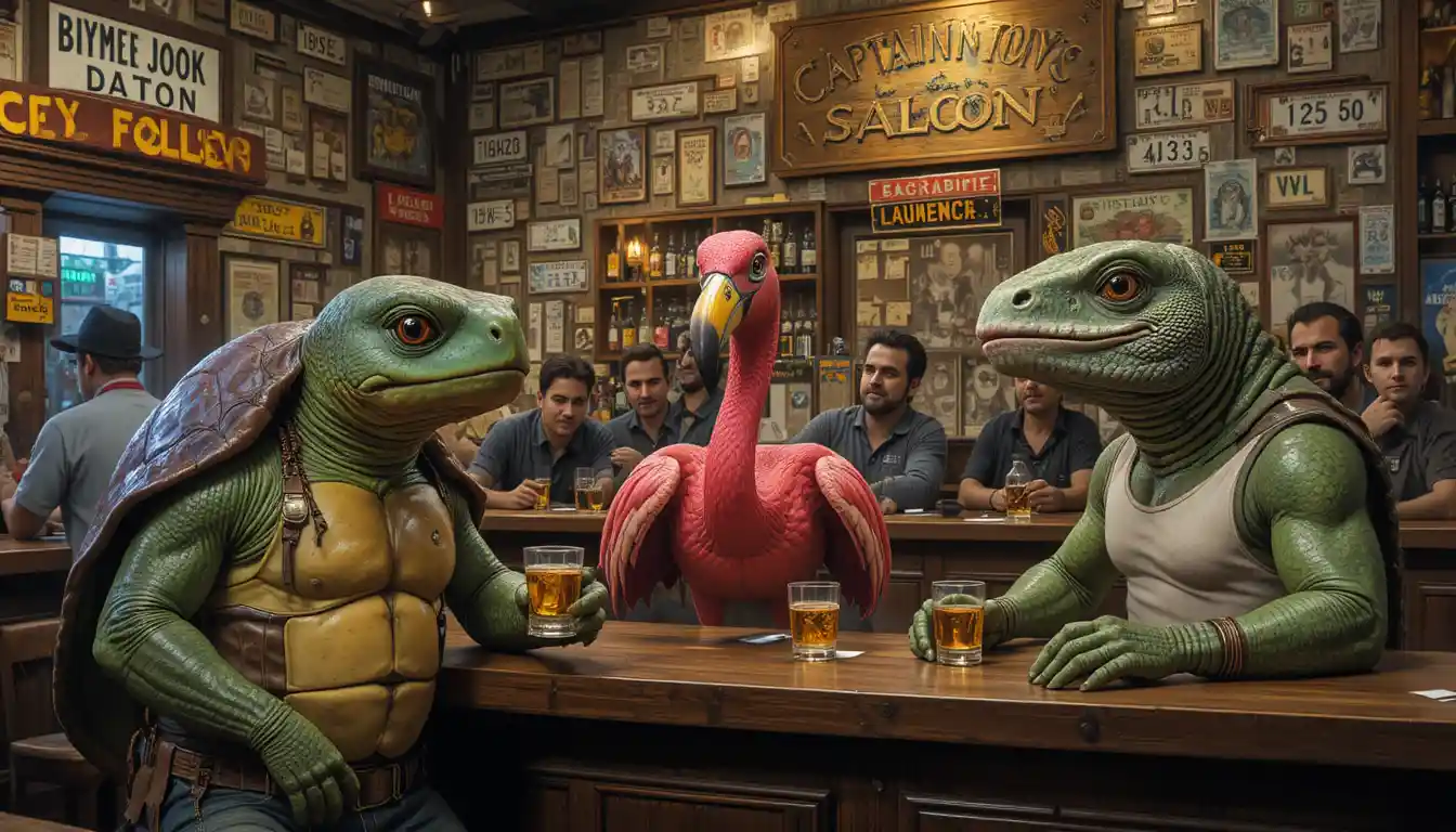 Anthropomorphe Barbesucher, die Whiskey in einem lebhaften Saloon teilen