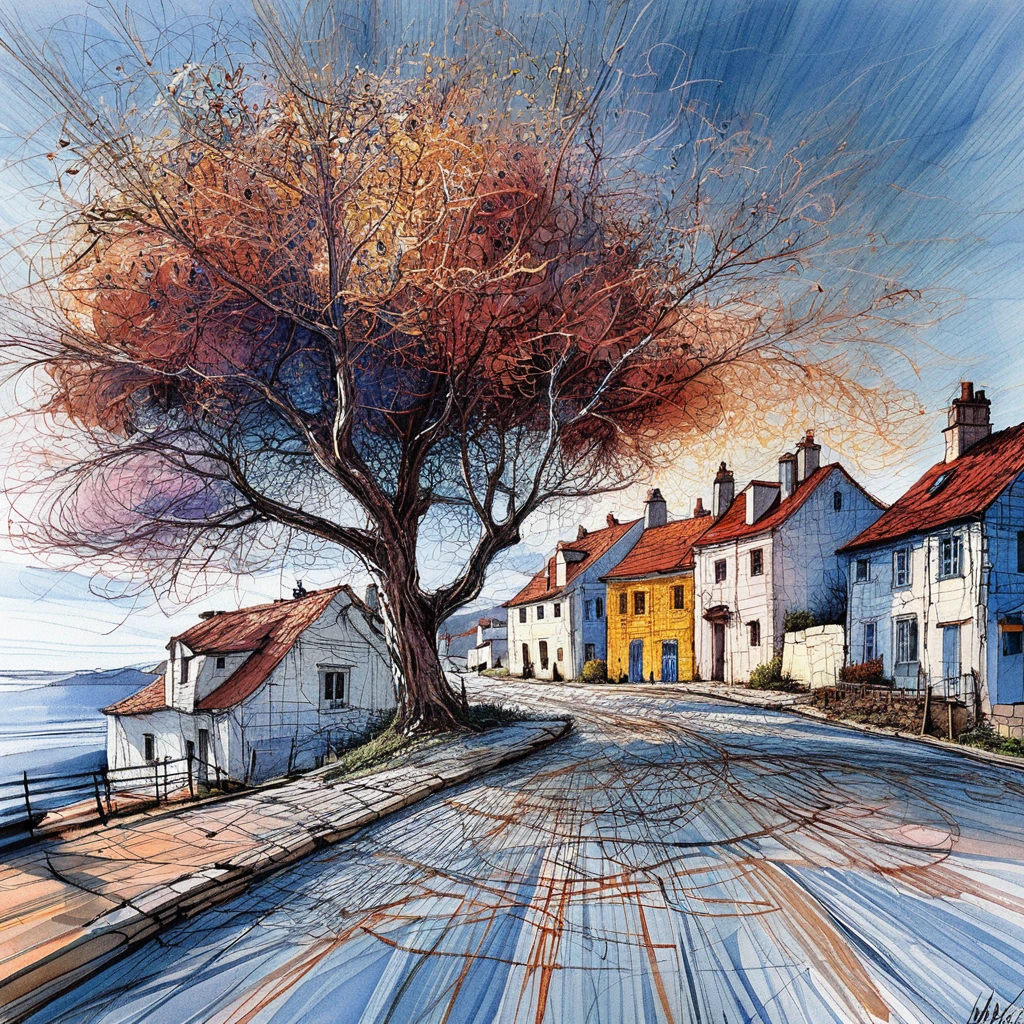 Arte lineare colorata di una strada di villaggio europeo in autunno